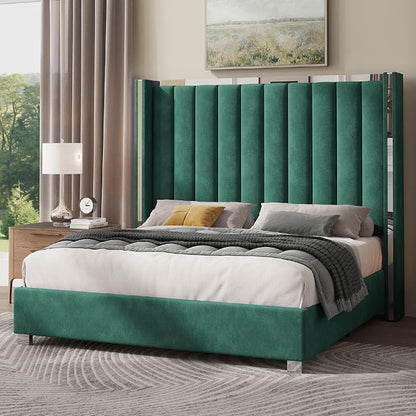 Jocisland Bed Frame with 58" Tall Headboard, Platform Velvet Upholstered Bed with Channel Tufted Wingback Headboard and Plating Trim, No Box Spring Needed (Green, King (U.S. Standard))