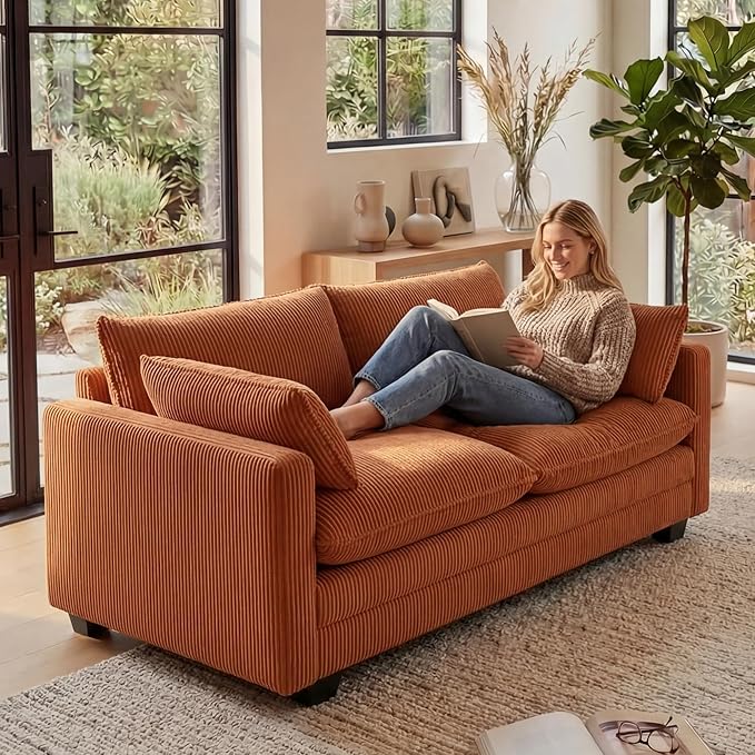 Gizoon 75” Small Cloud Loveseat Couches for Living Room, 2 Seater Love Seat Sofa with Comfy Deep Seat, Small Washable Couches with Removable Corduroy Cover for Apartment, Orange