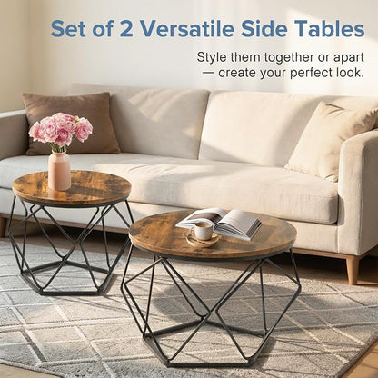 DUMOS Modern Geometric Coffee Table Set of 2, Round Nesting Side Tables with Hidden Storage, Movable End Tables for Living Room Office Decor & Practical Use Brown