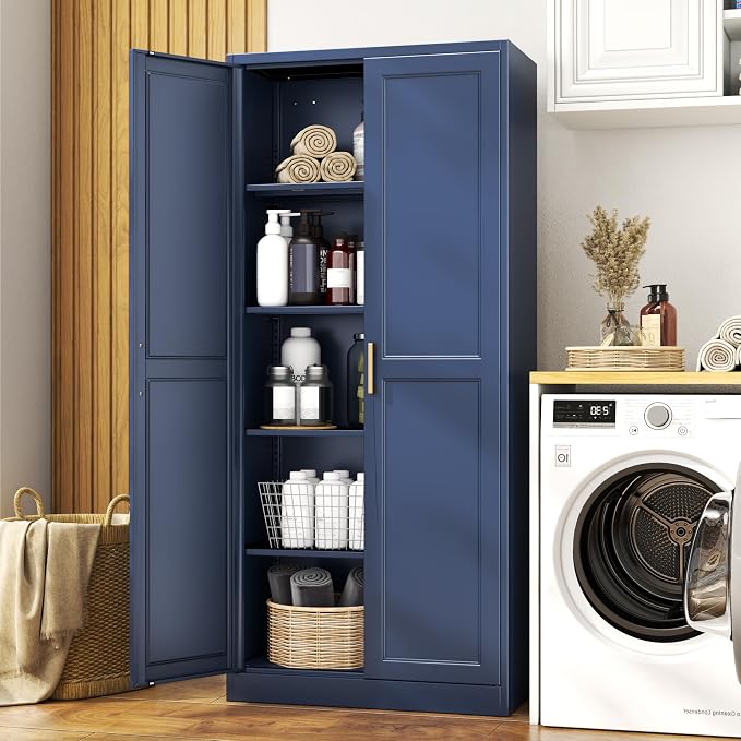 71" Metal Pantry Cabinet,Storage Cabinet with Doors and Shelves | Metal Storage Cabinet,Gold Handles,Adjustable Shelves,Magnetic Doors,Leveling Feet,Anti-tipping,for Kitchen/Garage Blue