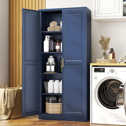 71" Metal Pantry Cabinet,Storage Cabinet with Doors and Shelves | Metal Storage Cabinet,Gold Handles,Adjustable Shelves,Magnetic Doors,Leveling Feet,Anti-tipping,for Kitchen/Garage Blue