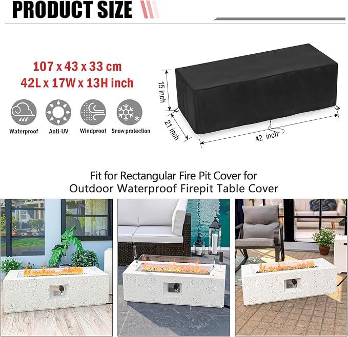 Fire Pit Cover Rectangular 42 Inch,Propane Gas Fire Pit Table Cover,Outdoor Waterproof Firepit Table Cover - 42 x 17 x 13 Inch