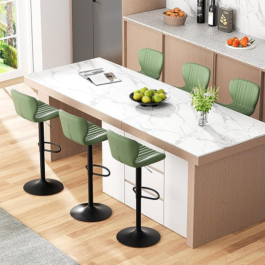 JAMFLY Bar Stools Set of 6, Leather Adjustable Barstools Counter Height Modern Bar Stools, Island Chairs Set of 4 for Kitchen, Green