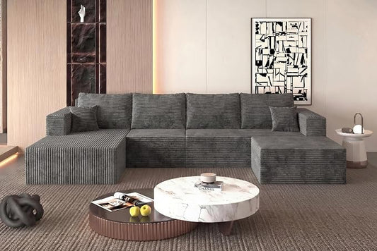 138" Modern Modular Sectional Sofa, U-Shaped Cloud Couch, Soft Corduroy Boneless Couch with 3060 High Rebound Memory Foam, Sectional Couches for Living Room-Grey(Left Facing Chaise)