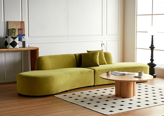 Container Furniture Direct 132" Curved Sofa with Throw Pillows, 6 Seater Luxury Velvet Couch with Half Moon Design and High-Density Foam, Ideal for Modern Living Room, Office & Apartment, Olive Green