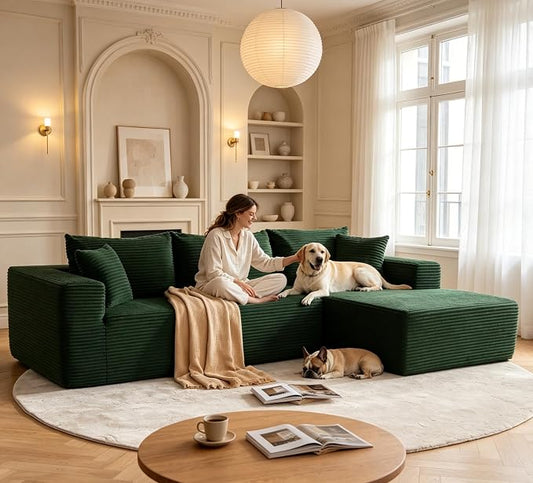 Mangodan 110” Cloud Sectional Couch, Boneless Sofa for Living Room, Modular Sectional Sofa with Deep Seat, Comfy Fluffy Couch with L-Shaped Chaise, No Assembly Required (Right-Facing Chaise, Green)