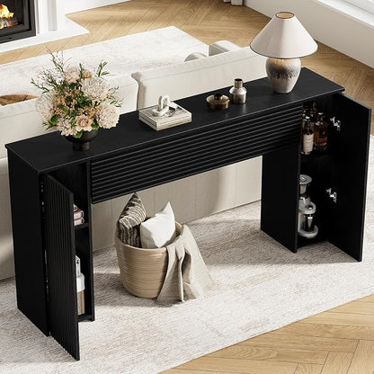 FABATO 61'' Fluted Long Console Table, Wooden Rectangular Sofa Table Behind The Couch, Narrow Entryway Table with 2 Hidden Storage Cabinets for Entrance, Hallway, Living Room, Foyer, Black