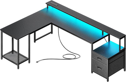 PRAISUN 66" L Shaped Gaming Desk with LED Lights & Power Outlets, Computer Desk with Fabric Drawers and Print Stand, Corner Office Desk, Monitor Stand, Mesh CPU Stand, Carbon Fiber Black
