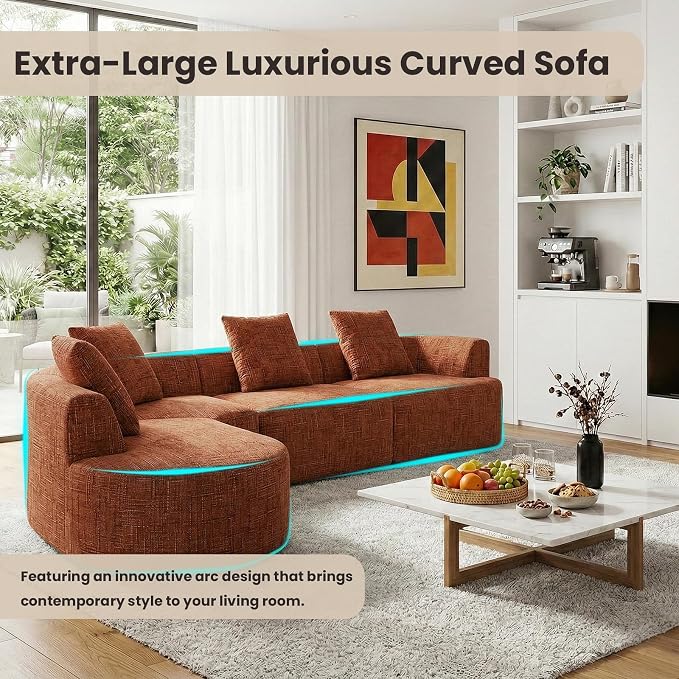 123" Curved Modular Sectional Sofa for Living Room, Oversized Chenille Cloud Couch, L-Shaped Boneless Sofa with Chaise Lounge, Compressed Couch Deep Seat, No Assembly (Rust, L-Shape Left Chaise)