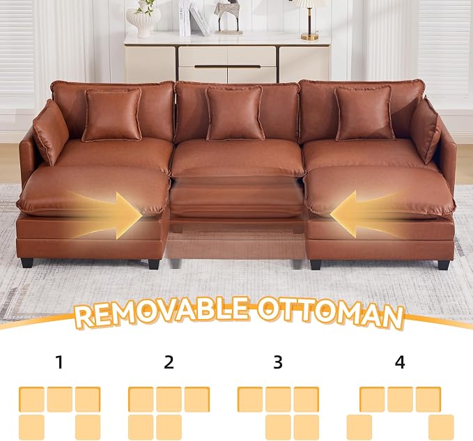 111'' Sectional Cloud Deep Seat Couch, Oversized Leather U Shaped Sectional Sofa for Living Room Set, Comfy Upholstered Modular 5-Seats Sectional Sofa Couch with 2 Movable Ottoman, Leather Brown