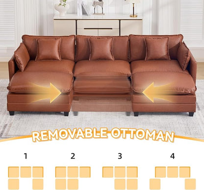 111'' Sectional Cloud Deep Seat Couch, Oversized Leather U Shaped Sectional Sofa for Living Room Set, Comfy Upholstered Modular 5-Seats Sectional Sofa Couch with 2 Movable Ottoman, Leather Brown
