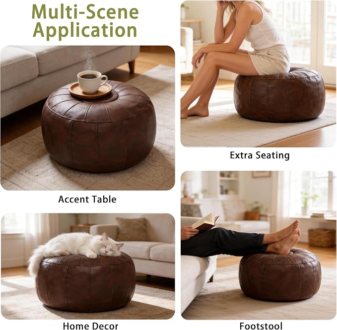 Thgonwid Unstuffed Moroccan Storage Pouf Foot Stool Ottoman Seat Handmade Faux Leather Bean Bag Floor Chair Foot Rest for Living Room, Bedroom or Balcony (Deep Coffee)