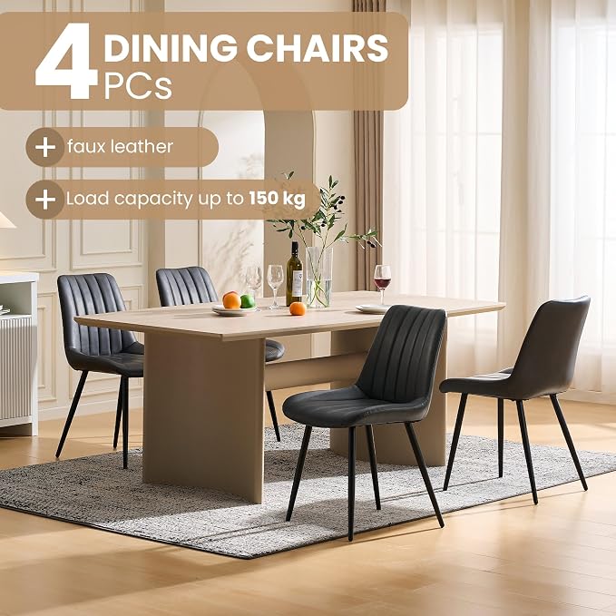 CLIPOP Dining Chairs Set of 4, Faux Leather Dining Chairs with Upholstered Seat, High Back Comfy Cushion, Metal Leg, Accent Kitchen Side Chair for Living, Restaurant & Meeting Room, Black