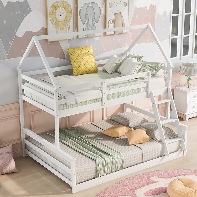 Merax House Floor Bunk Bed with Ladder Twin Over Full,Wood Low Bunk Bed with Full-Length Gardrail, Space-Saving,No Box Spring Needed White