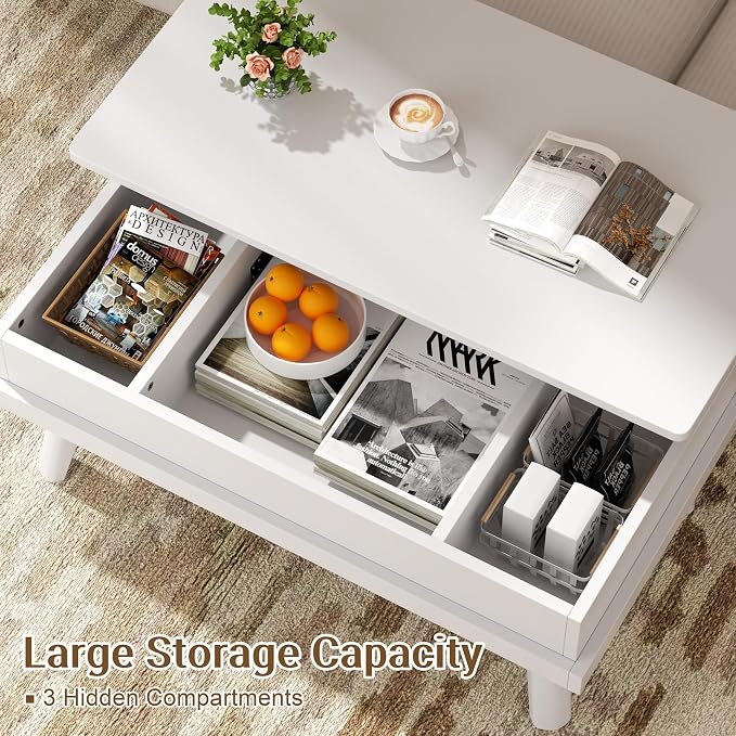 Shintenchi Coffee Table, Lift Top Coffee Table with Hidden Compartment, Rising Tabletop Dining Table, Lift Top Coffee Center Table for for Living Room, Office, Home (White)