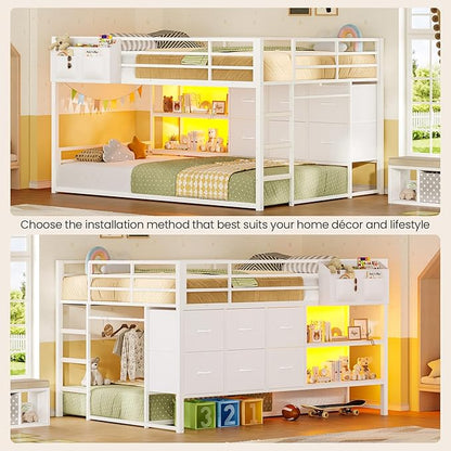Full Over Twin Bunk Bed with 6 Drawers, Metal Frame Bunk Bed with LED Lights, Convertible Storage Bunk Bed with Extra-High Guardrails & Non-Slip Ladder, 2-Way Installation,for Teens, White