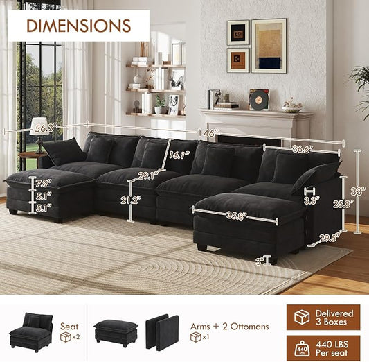 WorthFurni 146” Oversized Modular Sectional Sofa, U Shaped Cloud Couch Set, 4-Seater Comfy Chenille Couches with 2 Movable Ottomans, DIY Combination for Living Room (Black)