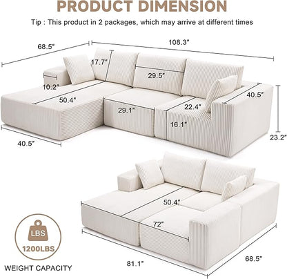 108” Modular Sectional Sofa, Cloud Sectional Couch with Deep Seat, Modern Modular L-Shape Sofa Couch with Chaise,Upholstered Boneless Couches for Living Room Bedroom (Beige, Left Facing Chaise)