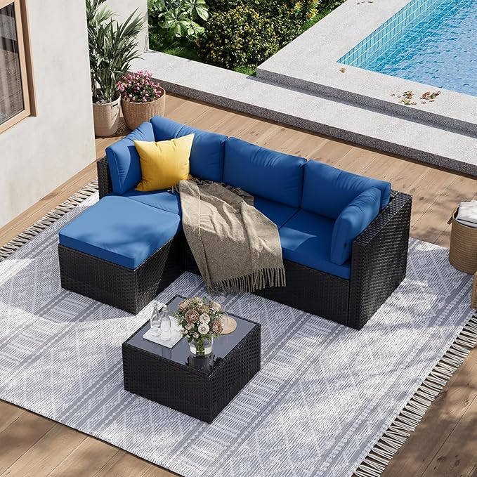 Aoxun Patio Furniture Set 5-Piece, Outdoor Sectional Sofas with Washable Cushion, Wicker Rattan Patio Conversation Sets for Backyard Porch and Poolside, Navy