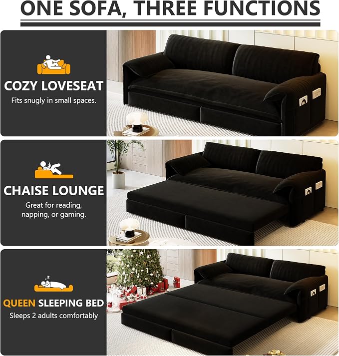 63.8" Sofa Bed Queen Size, Pull Out Couch Bed, 3-in-1 Convertible Sleeper Sofa with Side Pocket, Modern Velvet Futon Couch for Living Room, Small Space, Apartment, Bedroom, Black