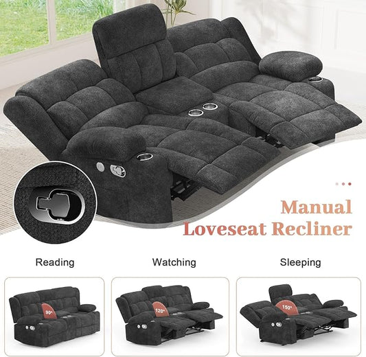 Loveseat Recliner Sofa, 2 Seater Curved Sofa for Living Room, Fabric Manual Pull Tab Reclining Loveseat with Storage Console, Home Theater Seating with USB Charge Ports, Cup Holders, Grey