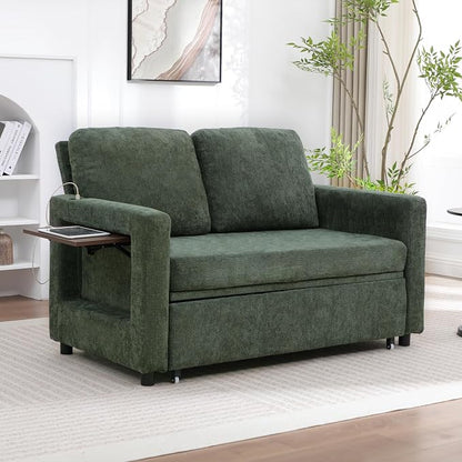 3 in 1 Folding Convertible Sleeper Sofa Bed Pull Out Couch with Side Pockets USB Port Side Table Loveseat Sofa Bed with Adjustable Backrest for Living Room Bedroom 66" DarkGreen 2 SEAT