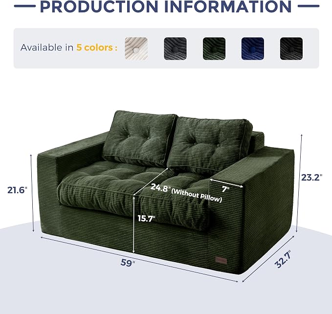 MAXYOYO Loveseat Sofa Couch, Upholstered Bean Bag Chair Cloud 2-Seat for Adults, Boneless Couch with Tufted Cushion & Pillows, Sofa in A Box, No Assembly Required, Dark Green