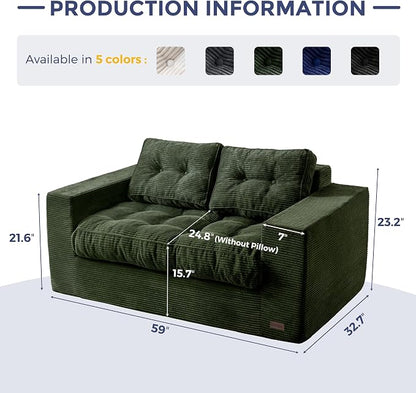 MAXYOYO Loveseat Sofa Couch, Upholstered Bean Bag Chair Cloud 2-Seat for Adults, Boneless Couch with Tufted Cushion & Pillows, Sofa in A Box, No Assembly Required, Dark Green