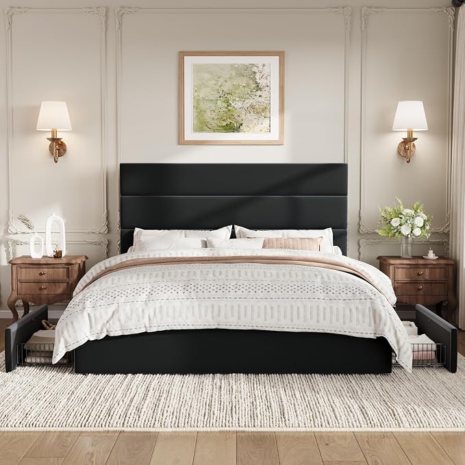 SHA CERLIN Queen Size Platform Bed Frame with 4 Storage Drawers, Velvet Upholstered Headboard, Mattress Foundation with Wooden Slats Support, No Box Spring Needed, Easy Assembly, Black