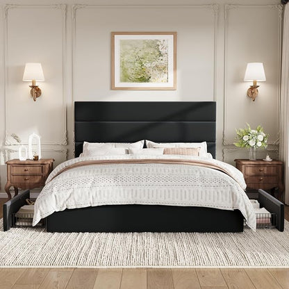 SHA CERLIN Queen Size Platform Bed Frame with 4 Storage Drawers, Velvet Upholstered Headboard, Mattress Foundation with Wooden Slats Support, No Box Spring Needed, Easy Assembly, Black