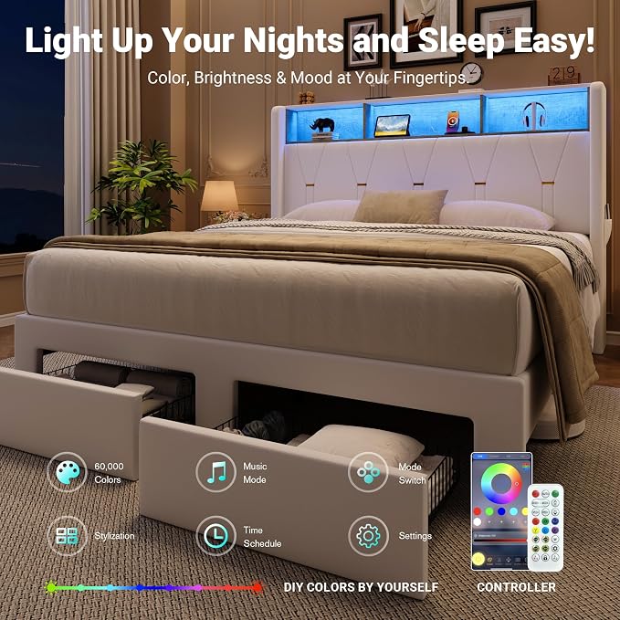 Allewie Queen Bed Frame with 2-Tier Storage Headboard, Charging Station & LED Light, Velvet Upholstered Platform Bed with 2 Drawers, Wingback Headboard, Gold Button Tufted, No Box Spring Needed, White