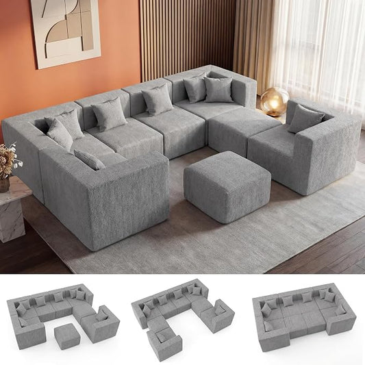 MONVANE Modular Sectional Sofa, Oversized 8 Seat Convertible U Shaped Couch with Ottoman, Comfy Chenille Cloud Couch with Deep Seat, Sectional Couches for Living Room, No Assembly Required, Light Grey