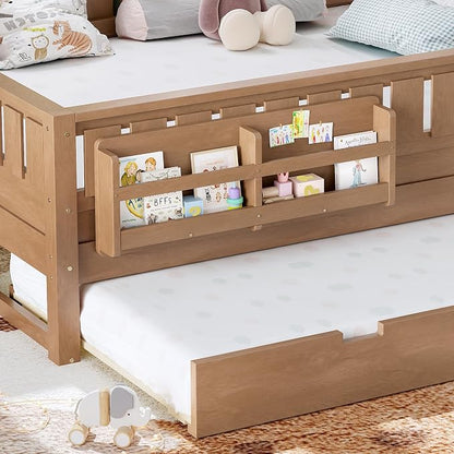 Bellemave Queen Kids Montessori Bed with Stairs, Bookshelf and Trundle, Solid Wood Kids Bed Frame with Storage for Boys Girls, Low Profile,Natural