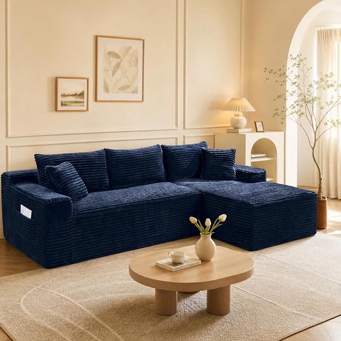 95" L-Shaped Right Facing Cloud Sectional Couch for Living Room, Modular Compressed Boneless Sectional Sofa Corduroy Boneless Corner Foam Sofa W/Chaise Lounge and Pillows