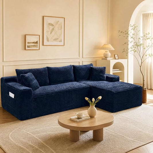 95" L-Shaped Right Facing Cloud Sectional Couch for Living Room, Modular Compressed Boneless Sectional Sofa Corduroy Boneless Corner Foam Sofa W/Chaise Lounge and Pillows