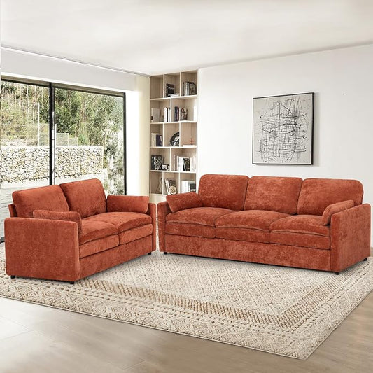 2 Pieces Chenille Sofa Set w/Arm Pillows, Upholstered Loveseat & 3 Seater Sofa w/Comfortable Back Cushions, Modern 2-Seat & 3-Seat w/High-Density Foam for Living Room, Apartment, Orange