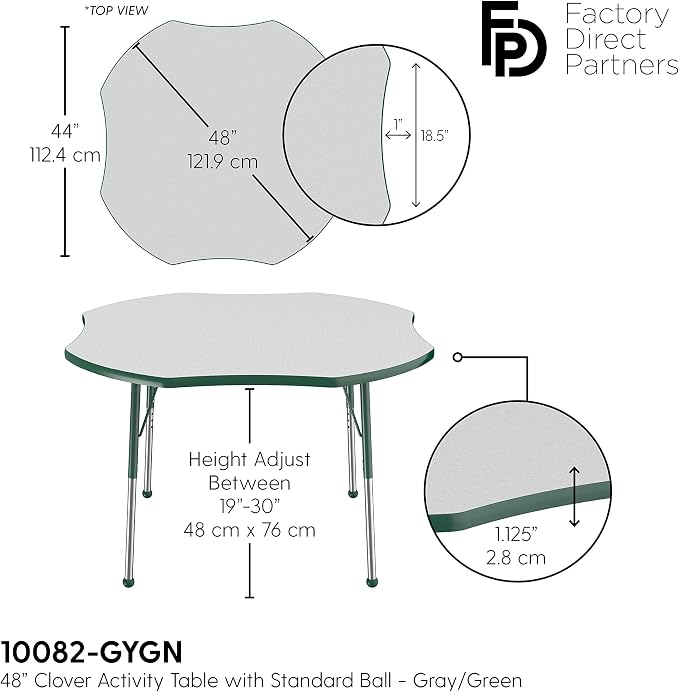 FDP Clover Activity School and Office Table (48 x 48 inch), Standard Legs with Ball Glides for Collaborative Seating Environments, Adjustable Height 19-30 inches - Gray Top and Green Edge