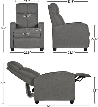 Topeakmart Fabric Recliner Sofa Push Back Recliner Chair Adjustable Modern Single Reclining Chair Upholstered Sofa with Pocket Spring Living Room Bedroom Home Theater Light Grey