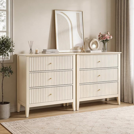 RoyalCraft Large 3 Drawer Dresser Set of 2, Fluted Wood Drawers for Bedroom, Modern Painted 30 inch Wide Nightstand for Bedroom, Entryway, Beige