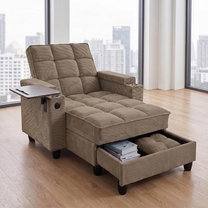 Convertible Sleeper Chair, Pull Out Sofa Bed with Adjustable Backrest & Hidden Storage Armrest, Single Sofa Recliner with USB Charging Port & Cup Holders for Living Room, Bedroom, Coffee
