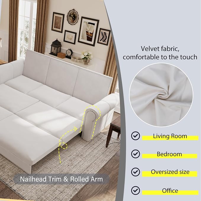 93.7" King Size Sleeper Sofa Bed, Pull Out Sofa Bed, Velvet Upholstery, 3 in 1 Convertible Sleeper Couch, Chaise Lounge, Retro Recliner for Living Room, Office, Apartment, Beige