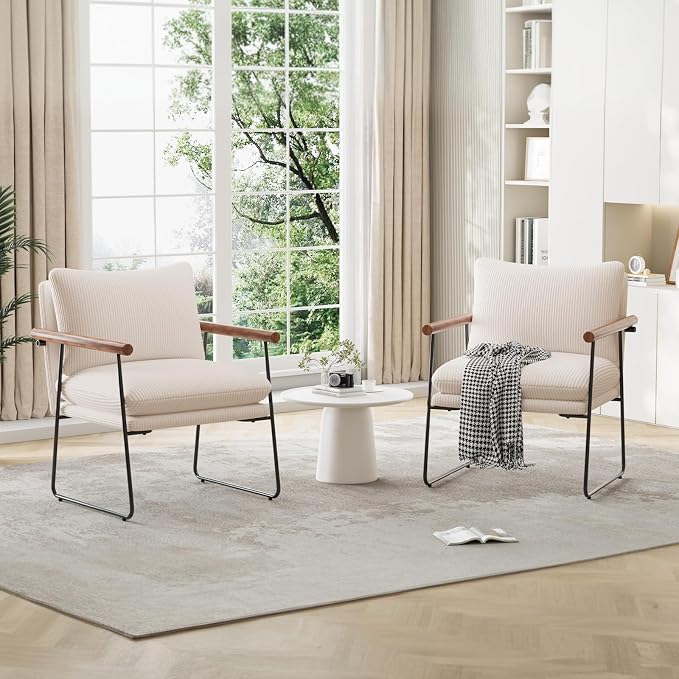 Furnilivng Large Sling Accent Chair, Comfortable Boucle Fabric Arm Chair, Upholstered Cozy Reading Chair for Living Room, Bedroom, Dressing Room, Home Office (Beige, Set of 1)