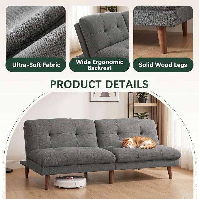 Flamaker Futon Sofa Bed Modern Folding Futon Set Convertible Recliner Lounge for Living Room with Adjustable Backrest (Linen, Grey)