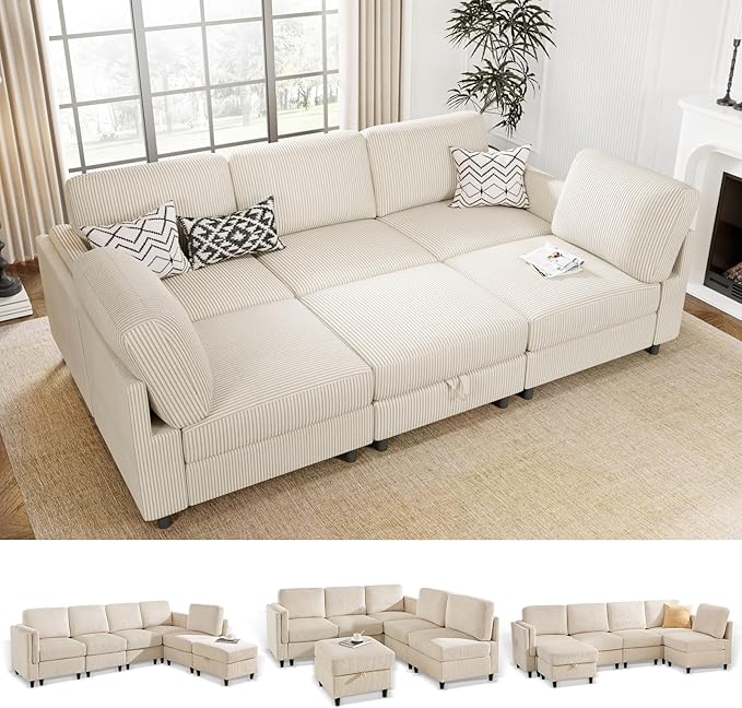 KKL Modular 83'' 6 Seater Sofa Bed - Sectional Sofa with Storage Ottoman, Convertible U/L -Shaped Sleeper Couch for Living Room, Modern Reversible Design, Beige