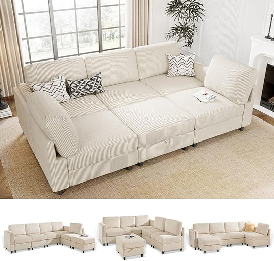 KKL Modular 83'' 6 Seater Sofa Bed - Sectional Sofa with Storage Ottoman, Convertible U/L -Shaped Sleeper Couch for Living Room, Modern Reversible Design, Beige