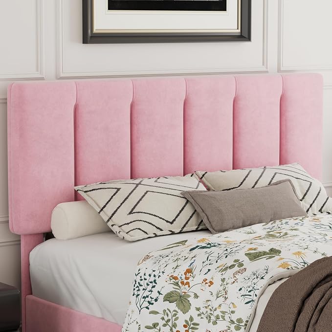 VECELO Full Size Bed Frame with Upholstered Headboard, Heavy-Duty Platform Bedframe with Strong Wooden Slats Support, No Boxing Spring Needed, Velvet & Pink