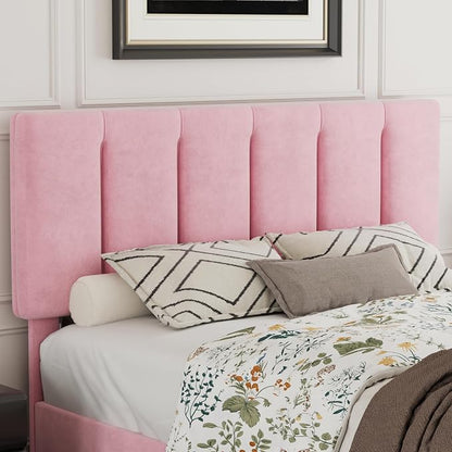 VECELO Full Size Bed Frame with Upholstered Headboard, Heavy-Duty Platform Bedframe with Strong Wooden Slats Support, No Boxing Spring Needed, Velvet & Pink