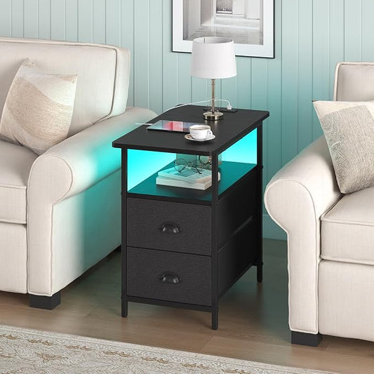 sthmec End Table with Charging Station, Narrow Side Table with 2 Drawers, LED Nightstands with Drawers, USB Ports & Power Oulets,Slim Sofa Side Tables for Small Spaces,Living Room,Bedroom, Black