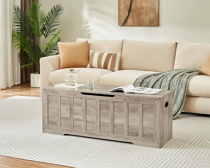 VANKILEY 51.2" Storage Chest Extra Large,Storage Bench with 2 Safety Hinges,Shoe Bench,51.2 * 15.7 * 19.1 inches,Wooden Trunk for Bedroom,livingroom,entryway,Supports 220 lb,Easy Assembly(Greige