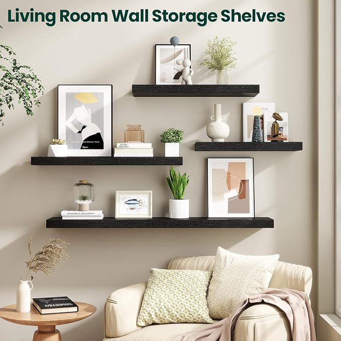 Floating Shelves for Wall, 72 Inch x 8 Inch Deep Wall Mounted Wood Shelf with Invisible Brackets for Storage & Display, Living Room Bedroom Kitchen, Black, Set of 2